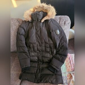 Down Puffer Coat Atelier Noir By RUDSAK Real Fur Trim Hooded Black Zip Small. 19